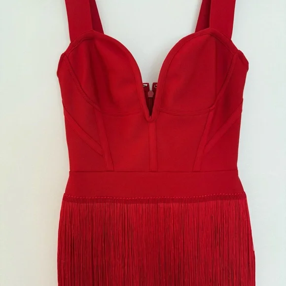 STYLE OF CB Red Midi Bodycon Dress w/ Maxi Length Tiered Fringe, Size XS - Picture 9 of 14